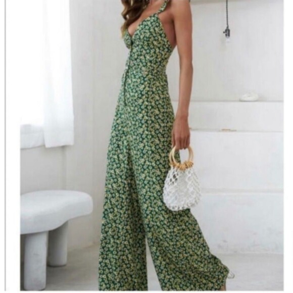 Zara Green Ditsy Floral Button Front Smocked Back Wide Leg Jumpsuit M (T20) - Picture 2 of 14